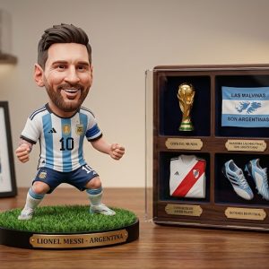 Figura 3D coleccionable de Lionel Messi generada con Inteligencia Artificial, estilo toy art con exhibidor de accesorios premium.