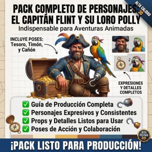 Capitán pirata en estilo animación 3D sosteniendo un timón junto a su loro guacamayo. Banner promocional del Master Prompt Pack Capitán Flint y Polly para generación de videos e imágenes con IA.