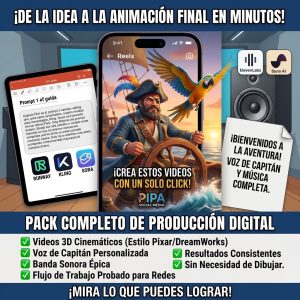 Capitán pirata en estilo animación 3D sosteniendo un timón junto a su loro guacamayo. Banner promocional del Master Prompt Pack Capitán Flint y Polly para generación de videos e imágenes con IA.