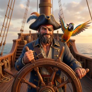 Capitán pirata en estilo animación 3D sosteniendo un timón junto a su loro guacamayo. Banner promocional del Master Prompt Pack Capitán Flint y Polly para generación de videos e imágenes con IA.