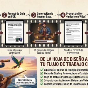 Capitán pirata en estilo animación 3D sosteniendo un timón junto a su loro guacamayo. Banner promocional del Master Prompt Pack Capitán Flint y Polly para generación de videos e imágenes con IA.
