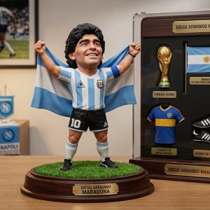 Figura 3D coleccionable de Lionel Messi generada con Inteligencia Artificial, estilo toy art con exhibidor de accesorios premium.