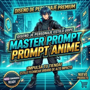 "Personaje de anime estilo cyberpunk y techwear generado con el Master Prompt para inteligencia artificial."
