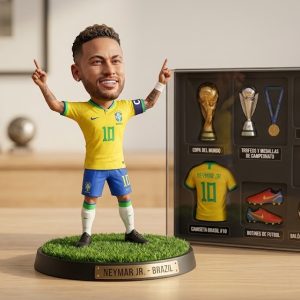 Figura 3D coleccionable de Lionel Messi generada con Inteligencia Artificial, estilo toy art con exhibidor de accesorios premium.