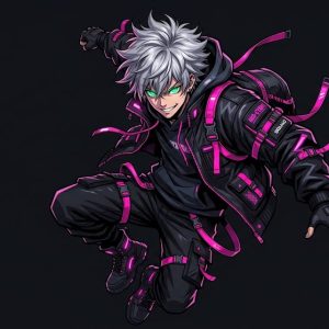 Personaje de anime estilo cyberpunk y techwear generado con el Master Prompt para inteligencia artificial.