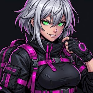 Personaje de anime estilo cyberpunk y techwear generado con el Master Prompt para inteligencia artificial.