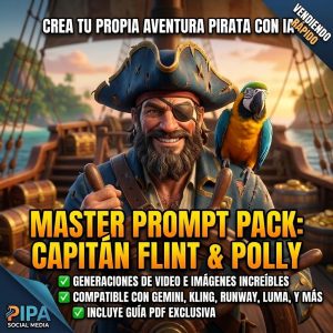 Capitán pirata en estilo animación 3D sosteniendo un timón junto a su loro guacamayo. Banner promocional del Master Prompt Pack Capitán Flint y Polly para generación de videos e imágenes con IA.