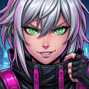 Personaje de anime estilo cyberpunk y techwear generado con el Master Prompt para inteligencia artificial.