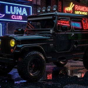 Servicio de animación 3D y 4D de vehículos por Pipa Social Media - Render de Jeep Restomod negro