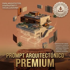 Prompt de inteligencia artificial para generar renders de arquitectura 3D fotorrealista. Diseño de edificio contemporáneo flotando sobre mármol con planos blueprint.