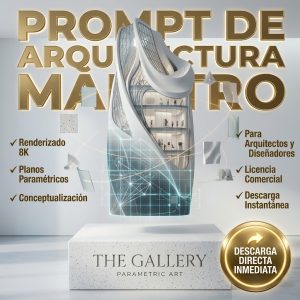 Prompt de inteligencia artificial para generar renders de arquitectura 3D fotorrealista. Diseño de edificio contemporáneo flotando sobre mármol con planos blueprint.