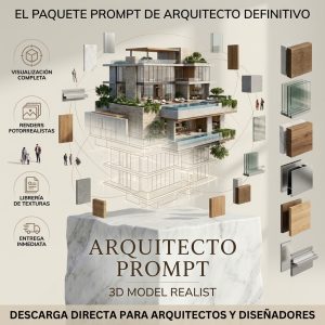 Prompt de inteligencia artificial para generar renders de arquitectura 3D fotorrealista. Diseño de edificio contemporáneo flotando sobre mármol con planos blueprint.