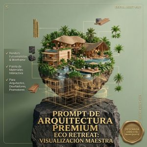 Prompt de inteligencia artificial para generar renders de arquitectura 3D fotorrealista. Diseño de edificio contemporáneo flotando sobre mármol con planos blueprint.