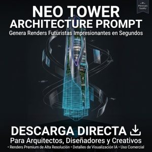Prompt de inteligencia artificial para generar renders de arquitectura 3D fotorrealista. Diseño de edificio contemporáneo flotando sobre mármol con planos blueprint.