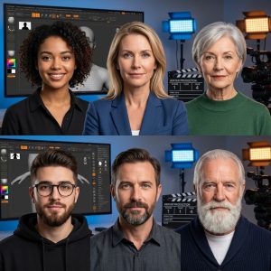 Creación de avatares IA fotorrealistas de 6 personas diversas para cine y publicidad.