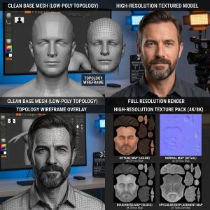 Malla base 3D de topología limpia y mapas de texturas 4K de un avatar masculino fotorrealista.