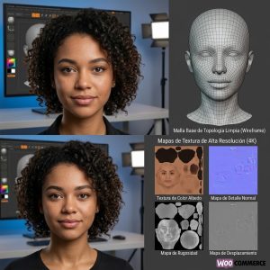 Detalle técnico del proceso de creación de avatares 3D. La imagen muestra la topología limpia de baja poligonización (low-poly), el wireframe y los mapas de textura PBR de alta resolución (color, normal, rugosidad, desplazamiento) de un modelo humano masculino fotorrealista. Archivos optimizados para motores de renderizado, Unreal Engine, Unity y software de animación 3D.