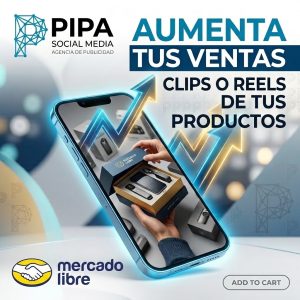 Celular mostrando un video de producto con flechas de crecimiento de ventas. Servicio de creación de Reels y Clips para Mercado Libre por Pipa Social Media.