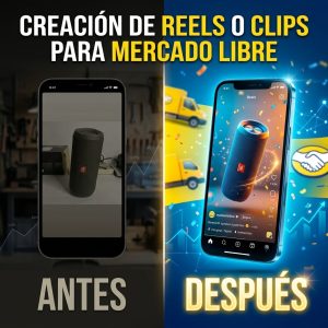 Comparación de un antes y después de un producto en Mercado Libre. A la izquierda foto oscura de un parlante, a la derecha un Reel dinámico, luminoso y profesional.