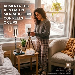 Celular mostrando un video moderno de una zapatilla rodeada de cajas de envío de Mercado Libre y etiquetas. Promoción de Clips de video impactantes para e-commerce.