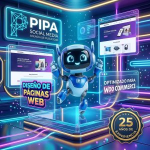 Un robot azul tecnológico y sonriente presenta el servicio de diseño de páginas web de PIPA Social Media. Pantallas flotantes muestran interfaces de comercio electrónico y el robot destaca los textos 'DISEÑO DE PÁGINAS WEB' y 'OPTIMIZADO PARA WOOCOMMERCE'. Hay un sello dorado de '25 AÑOS DE EXPERIENCIA'. Estilo futurista neón.