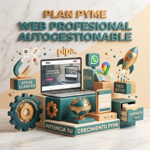 Imagen promocional del Plan Pyme de Pipa Social Media, mostrando un diseño web profesional, autoadministrable, con catálogo de productos y optimizado para celulares y posicionamiento SEO.