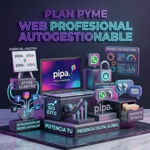 Imagen promocional del Plan Pyme de Pipa Social Media, mostrando un diseño web profesional, autoadministrable, con catálogo de productos y optimizado para celulares y posicionamiento SEO.