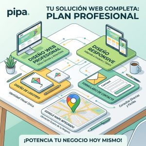 Imagen promocional del Plan Pyme de Pipa Social Media, mostrando un diseño web profesional, autoadministrable, con catálogo de productos y optimizado para celulares y posicionamiento SEO.