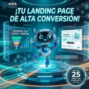 Robot tecnológico amigable presentando un plan de diseño web de landing page en Argentina por Pipa Social Media Agencia de Publicidad, enfocado en alta conversión para Pymes.