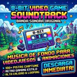 Portada promocional en pixel art para producto digital de banda sonora en 8 bits, mostrando un cassette retro, personajes de videojuegos clásicos y el texto de descarga inmediata.