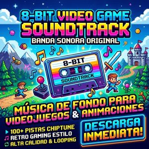 Portada promocional en pixel art para producto digital de banda sonora en 8 bits, mostrando un cassette retro, personajes de videojuegos clásicos y el texto de descarga inmediata.