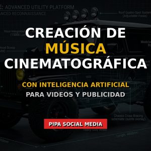 Servicio de creación de música cinematográfica con Inteligencia Artificial - Pipa Social Media. Ilustración futurista de tecnología creando bandas sonoras para videos.