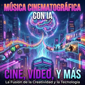 Servicio de creación de música cinematográfica con Inteligencia Artificial - Pipa Social Media. Ilustración futurista de tecnología creando bandas sonoras para videos.