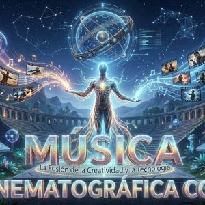 Servicio de creación de música cinematográfica con Inteligencia Artificial - Pipa Social Media. Ilustración futurista de tecnología creando bandas sonoras para videos.