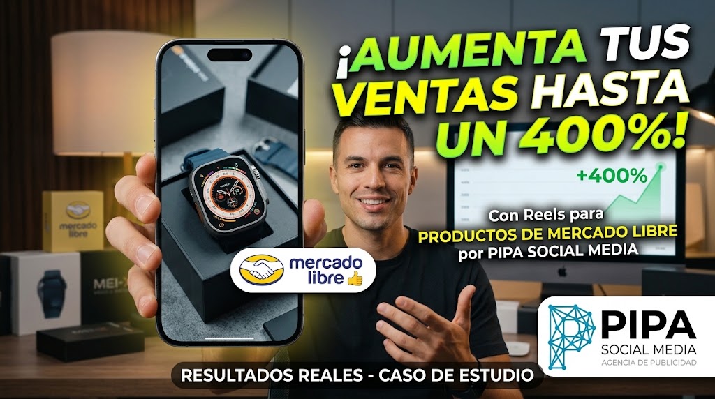Hombre profesional presentando un reel de producto en un smartphone, promocionando el servicio de creación de videos para Mercado Libre de la agencia Pipa Social Media para aumentar ventas hasta un 400%.