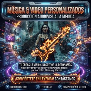 Ejemplo de producción audiovisual a medida de estilo fantasía gótica con mujer y guitarra rúnica, demostrando la creación de música y video personalizados para todos los estilos de Pipa Social Media.