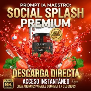 Botella de aceite de oliva premium Classy flotando con efecto splash dorado y aceitunas frescas, diseño publicitario generado por IA con iconos de redes sociales en fondo oscuro.