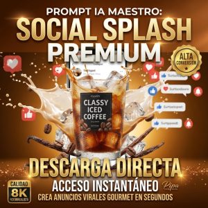 Botella de aceite de oliva premium Classy flotando con efecto splash dorado y aceitunas frescas, diseño publicitario generado por IA con iconos de redes sociales en fondo oscuro.