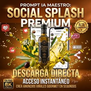 Botella de aceite de oliva premium Classy flotando con efecto splash dorado y aceitunas frescas, diseño publicitario generado por IA con iconos de redes sociales en fondo oscuro.