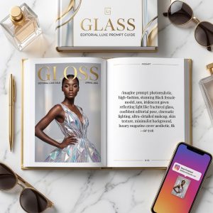 Prompt premium de inteligencia artificial para diseño editorial con efecto de cristal fragmentado.