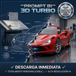 Prompt IA BI 3D Turbo: Fusión de plano técnico blueprint y render 3D hiperrealista con efecto glitch. Producto digital con descarga inmediata.