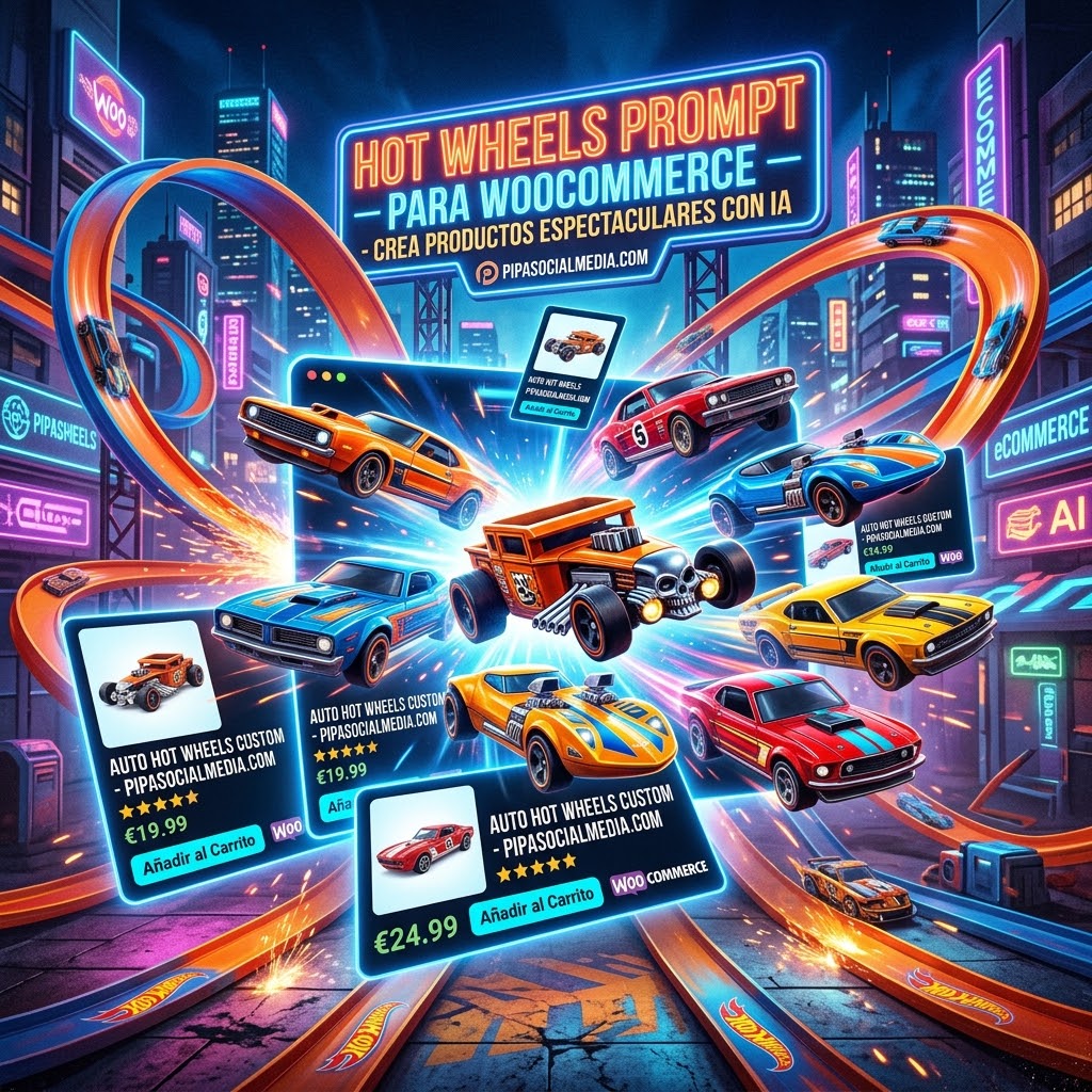 Promoción de prompts de Hot Wheels generados con IA para productos de WooCommerce por Pipa Social Media.