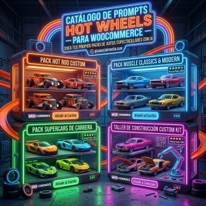 Promoción de prompts de Hot Wheels generados con IA para productos de WooCommerce por Pipa Social Media.