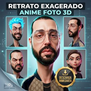Prompt IA Retrato Exagerado Anime 3D: Caricatura digital hiperrealista de hombre con camiseta deportiva generada por inteligencia artificial. Producto digital de descarga inmediata.