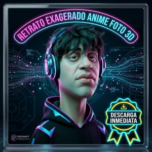 Prompt IA Retrato Exagerado Anime 3D: Caricatura digital hiperrealista de hombre con camiseta deportiva generada por inteligencia artificial. Producto digital de descarga inmediata.