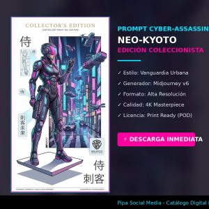 Prompt de IA Premium Phantom Hacker estilo cyberpunk. Arte digital para impresión POD por Pipa Social Media.