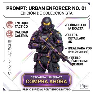 Prompt de IA Premium Phantom Hacker estilo cyberpunk. Arte digital para impresión POD por Pipa Social Media.