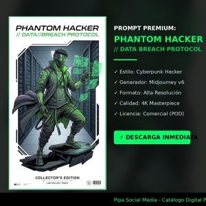 Prompt de IA Premium Phantom Hacker estilo cyberpunk. Arte digital para impresión POD por Pipa Social Media.