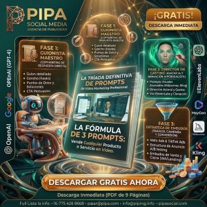 Infografía publicitaria de PIPA Social Media Agencia de Publicidad. Muestra un robot azul sonriente sobre un fondo tecnológico digital. El texto principal anuncia "La Tríada Definitiva de Prompts de Video Marketing Profesional: Vende Cualquier Producto o Servicio en Video". Detalla un proceso de 3 fases usando IA: Fase 1 Guionista Maestro (copywriting), Fase 2 Director de Casting (avatares IA), y Fase 3 Estratega de Embudos (anuncios y conversión). Incluye logos de OpenAI (GPT-4), Google, ElevenLabs y HeyGen. Un gran botón dice "¡GRATIS! DESCARGA INMEDIATA: DESCARGAR GRATIS AHORA".