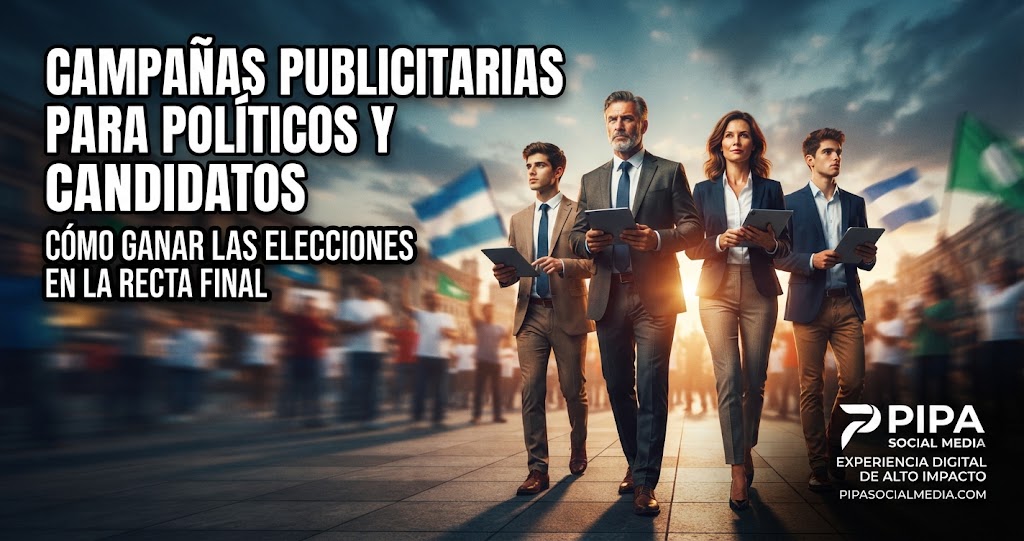 Equipo de candidatos políticos en campaña electoral analizando estrategias de marketing político y publicidad digital en Pipa Social Media